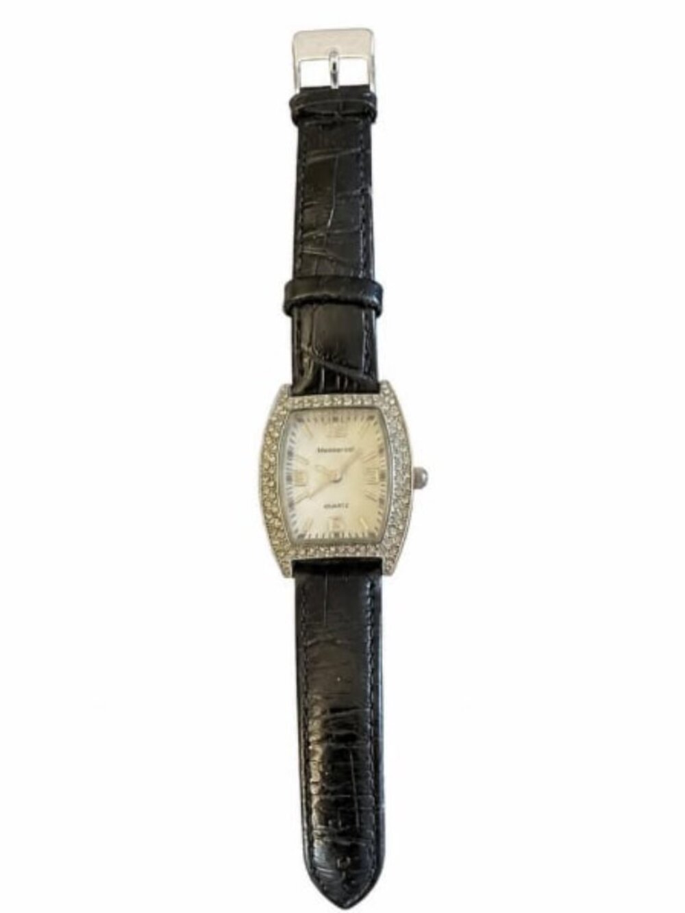 💖 Retro Black Alligator Grain Strap Watch Shimmering Rhinestone Halo #147